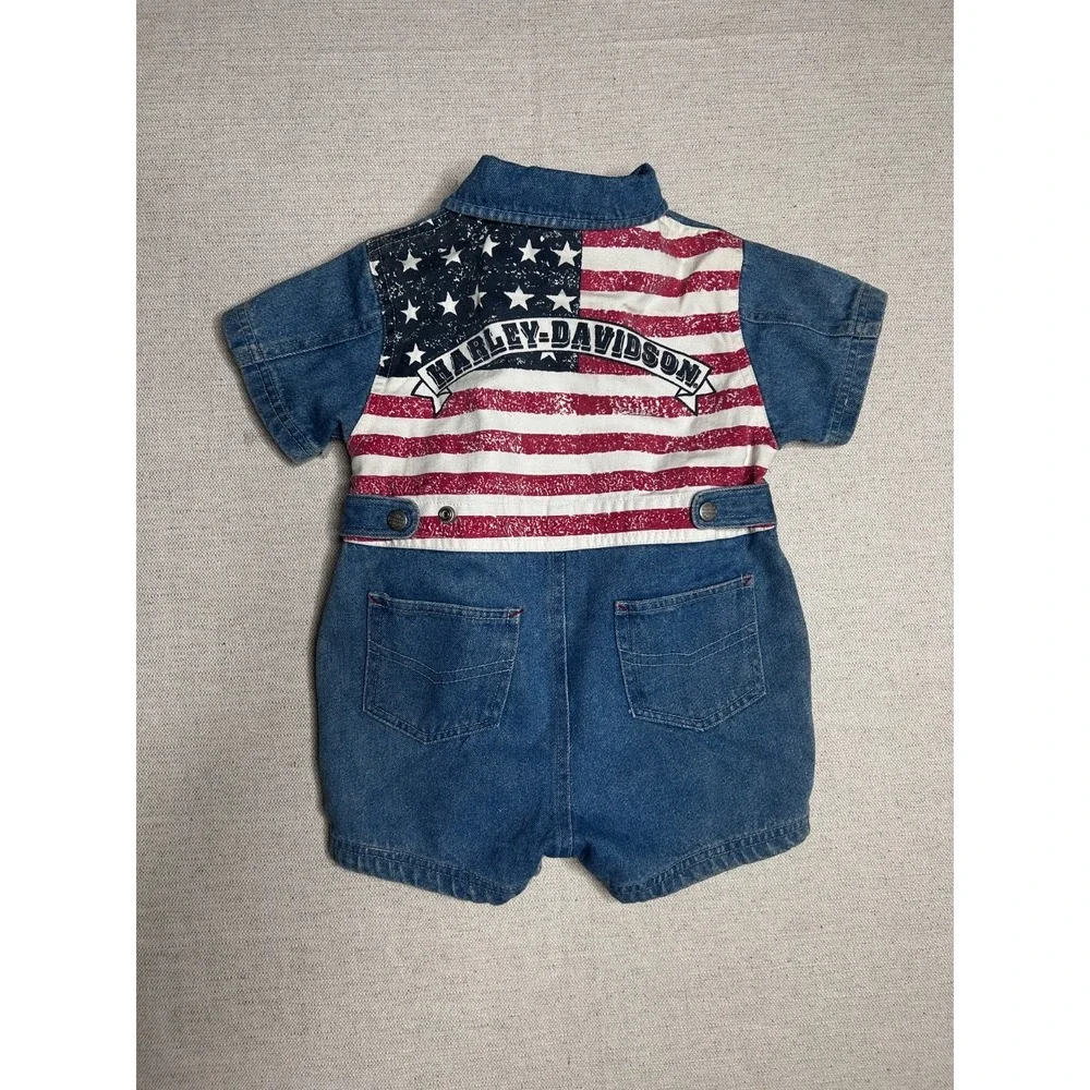 Vintage  Davidson Baby Overalls 18 Months Denim Jumpsuit US Flag USA